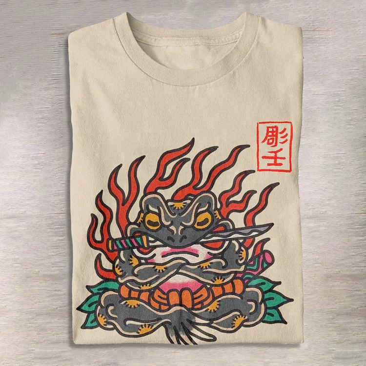 Flame Samurai Frog Japanese Print T-shirt