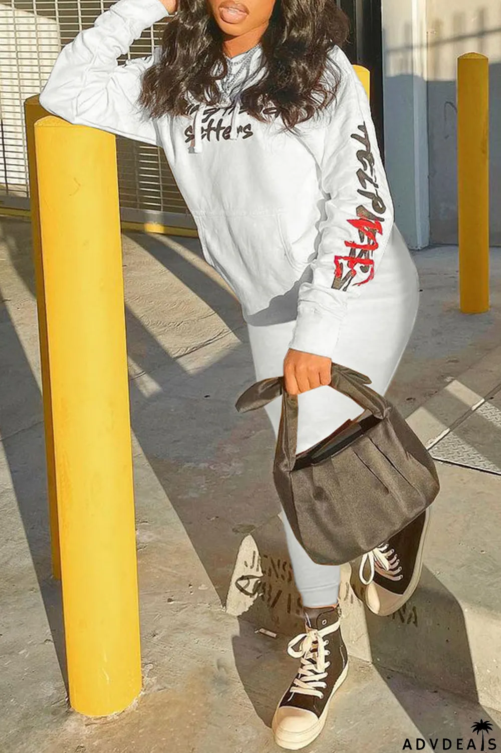 Grey Fashion Sportswear Print Split Joint Hooded Collar Long Sleeve Two Pieces