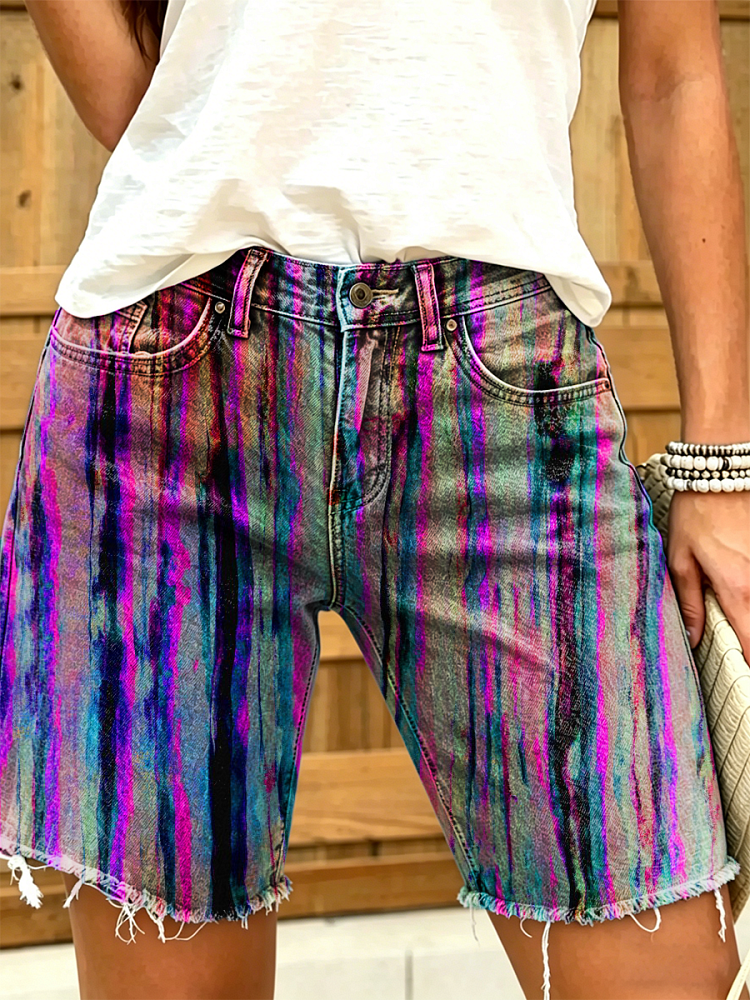 Women's Retro Colorful Striped Art Print Casual Washed Cotton Denim Shorts