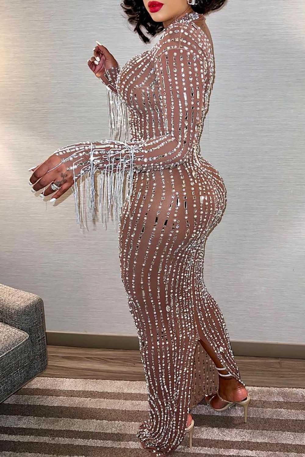 Plus Size Party Dress Apricot Sequin Tassels Fringe Slim Fit Long Sleeve Maxi Dress