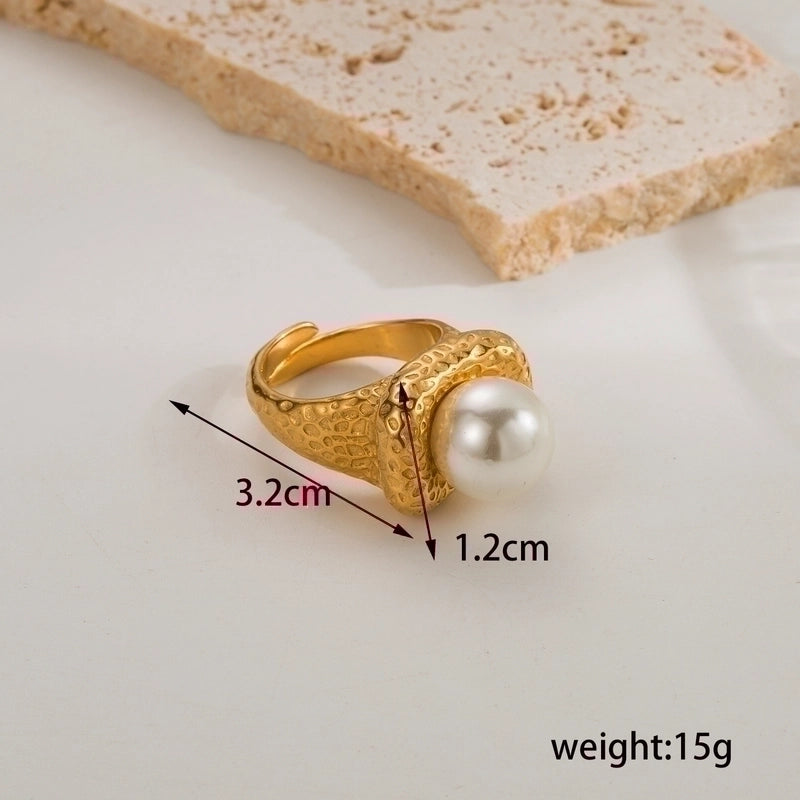 Minimalist Classic Style Solid Color 304 Stainless Steel Artificial Pearls 18K Gold Plated Plating Inlay Stainless Steel Rings