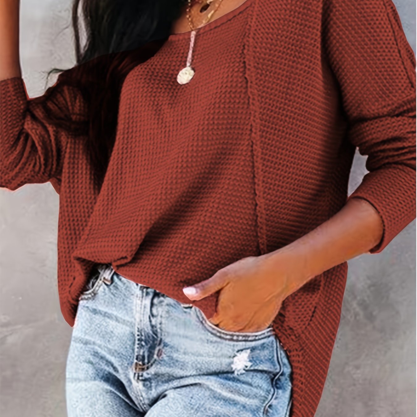 Solid Waffle Knitted Top, Long Sleeve Casual Every Day Top For Fall And Spring, Women's Clothing