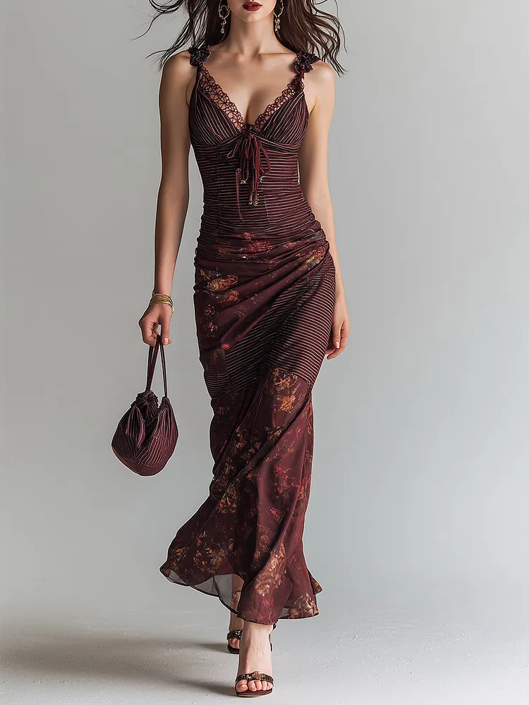 Retro Striped Flower Splicing Suspender Maxi Dress