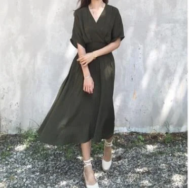 Nigikala Nigikala New South Korean Chic Receive V Collar Trend Royal Sister Fashion Sexy Loose Waist Loose Elegant Dress