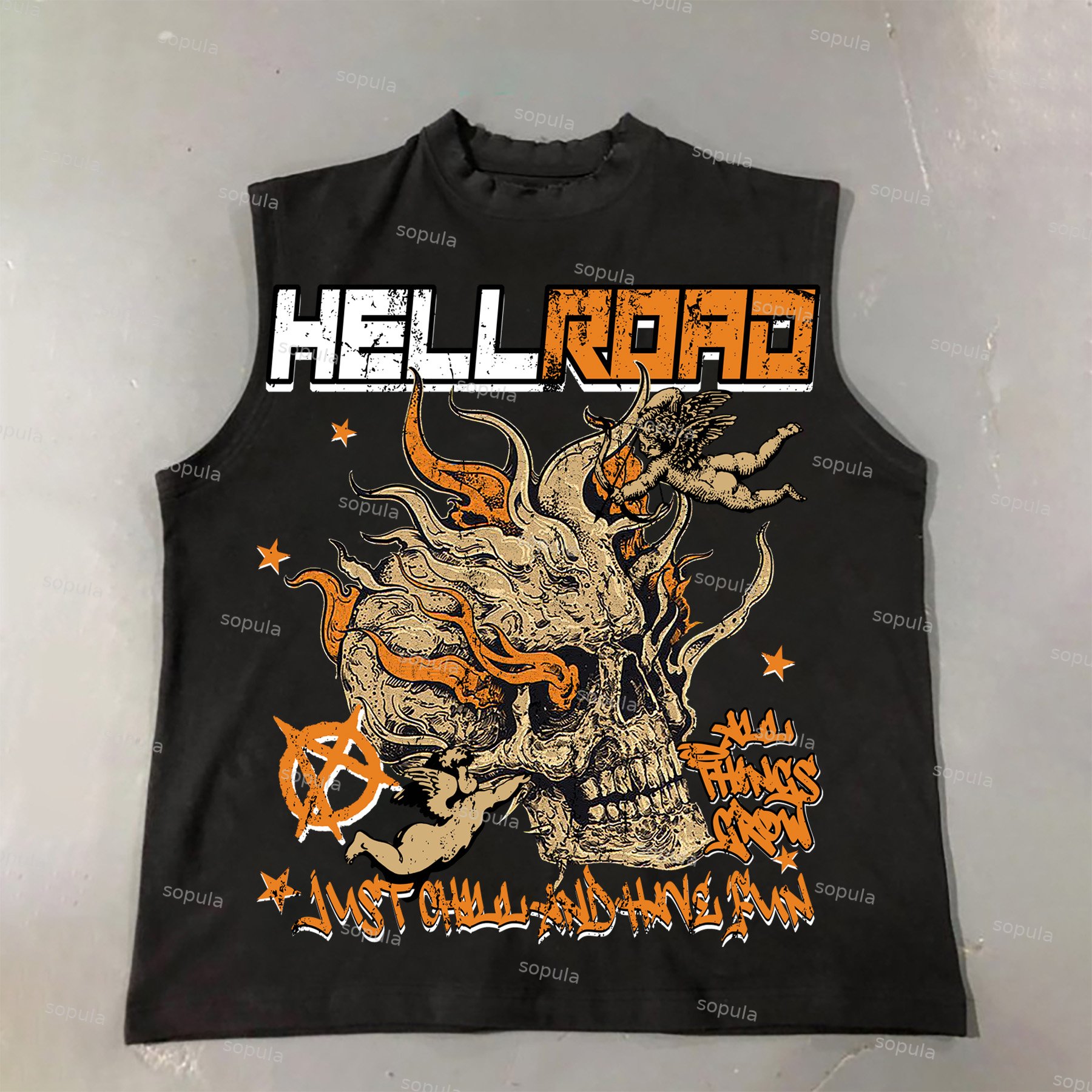 Sopula Hell Road Flame Skull Angel Print Cotton Tank Top - SOPULA