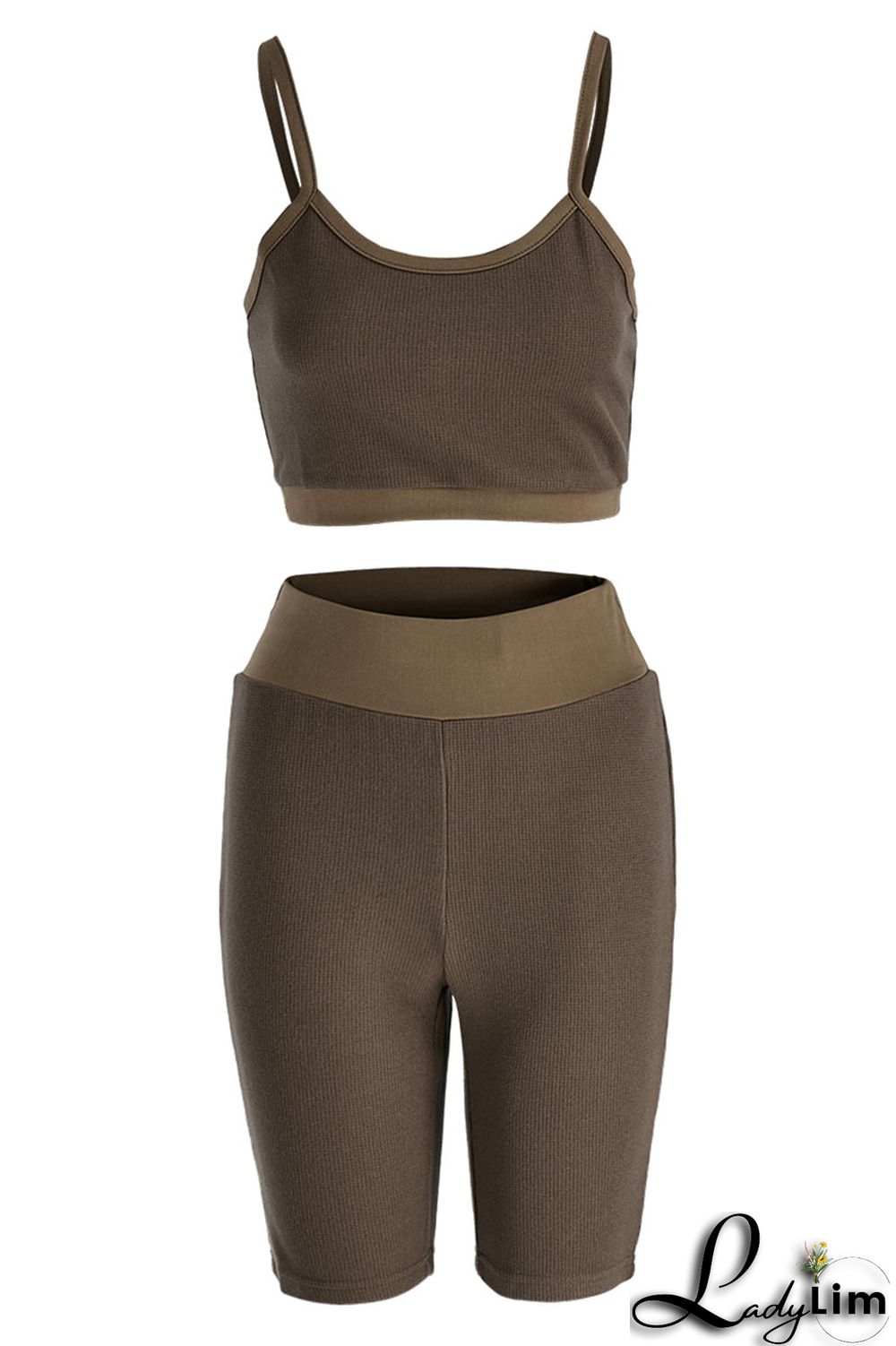 Khaki Casual Sportswear Solid Backless Spaghetti Strap Sleeveless Two Pieces