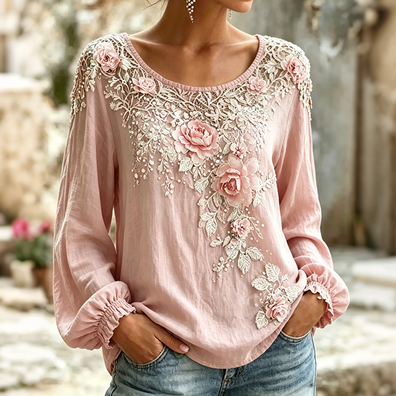 Women's Vintage Pink Floral Art Crew Neck Long Sleeve Linen Blend T-shirt elevenforest