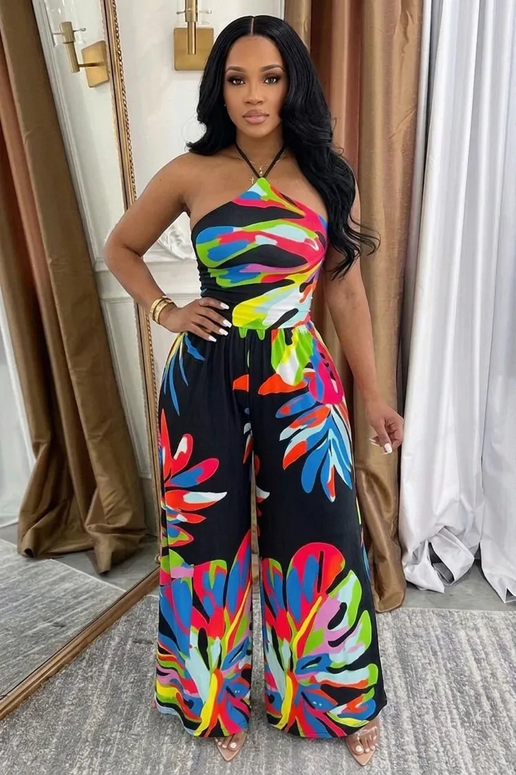 casual jumpsuit dress Loragal Halter Backless Leaf Print Wide Leg Multicolor V neck Bridesmaid Dresses and Gowns Size:Custom size 85×49cm mobile phones and cards July4