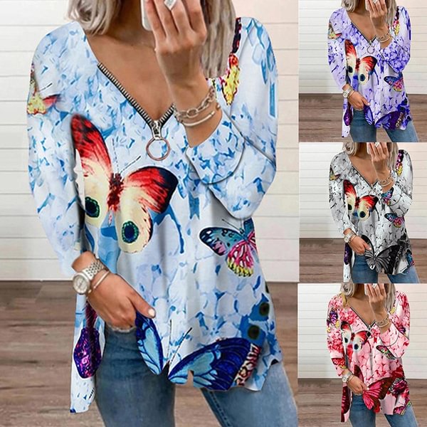 Spring and Early Autumn New Fashion Women's Butterfly Printed Casual Plus Size Long Sleeve Zipper V-neck Top Loose Soft and Comfortable Long Sleeve Bottoming Shirt S-5XL - Shop Trendy Women's Clothing | LoverChic