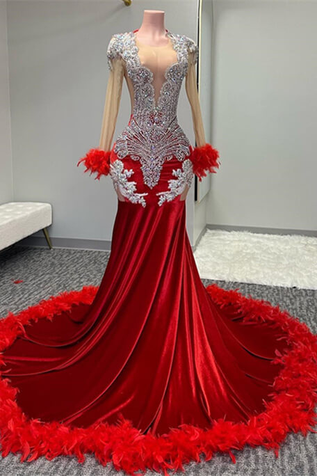 Glamorous Red Scoop Long Sleeves Mermaid Formal Dresses With Beadings Feathers - lulusllly