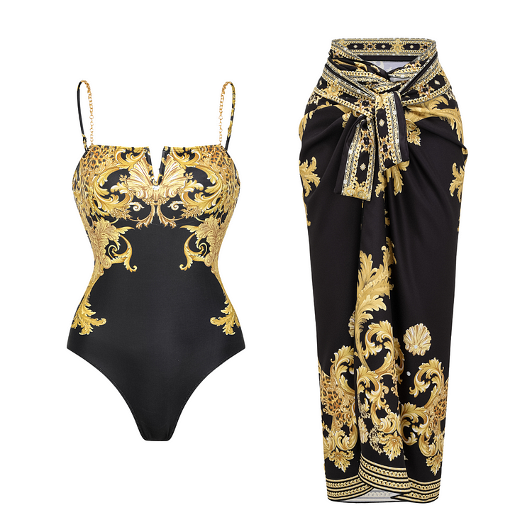 Vintage Black Gold Baroque Print Metal chain small V-neck One Piece Swimsuit and Skirt