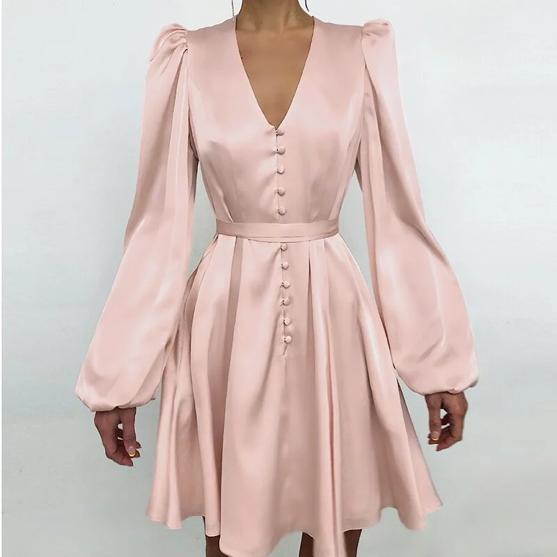 Spring Fashion 2021Elegant Women Satin Solid Long Sleeve Dress Button A-Line Mini Dress Casual Loose V-Neck Party Dress Vestido