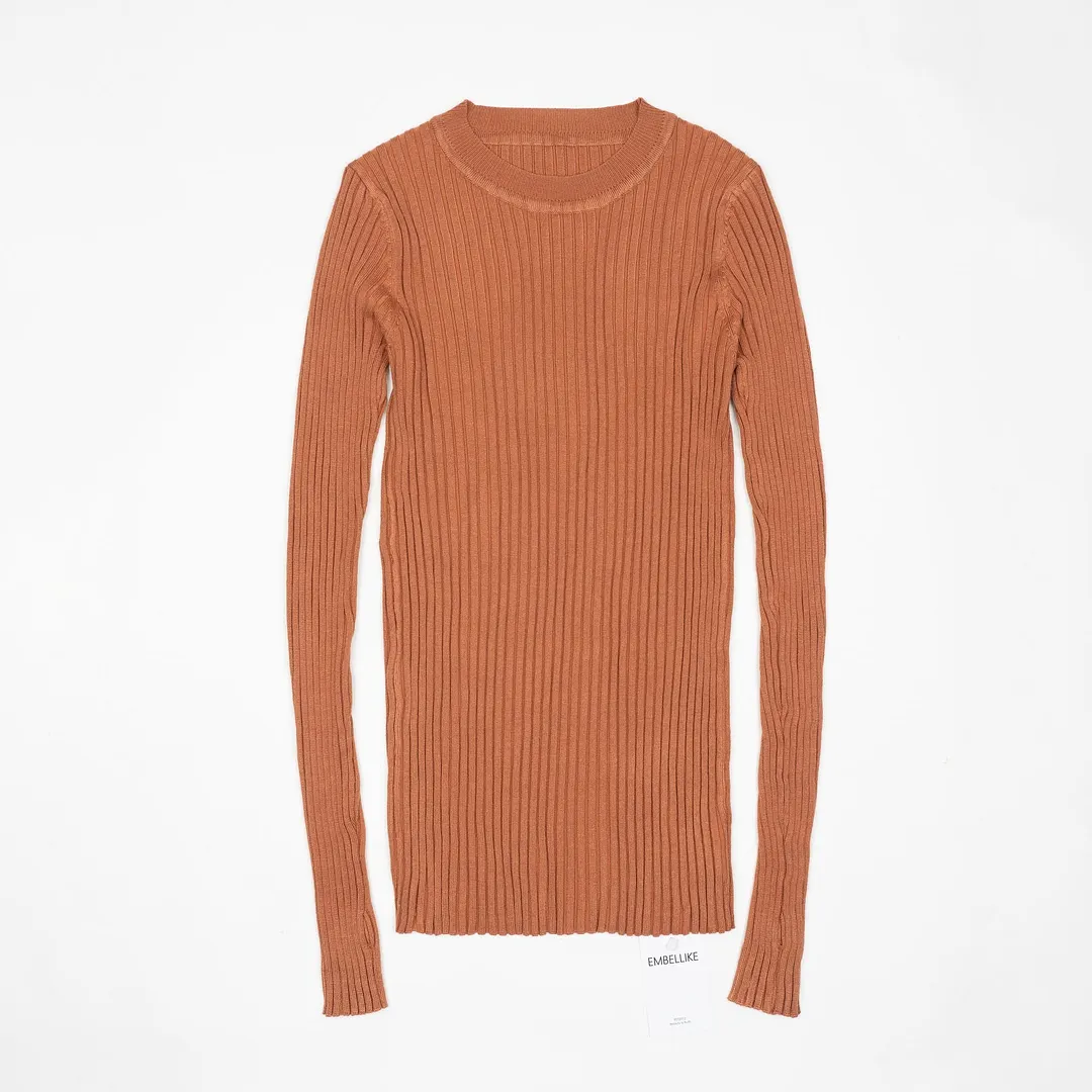 Women Sweater Pullover Basic Ribbed Sweaters Cotton Tops Knitted Solid Crew Neck With Thumb Hole