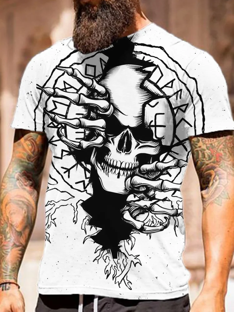 BrosWear Men's Vikng Vegvisir Skull Round Neck Casual T Shirt