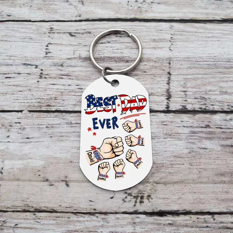 Personalized 6 Names American Flag Keychain Fist Bump Keychain Father's Day Gifts - Best Dad Ever