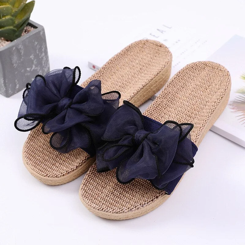 GLGL 2020 New Eva Stripes Bow home slippers Thick Cotton Indoor Shoes Japanese Style Linen Slippers Women Flip Flops Shoes Women