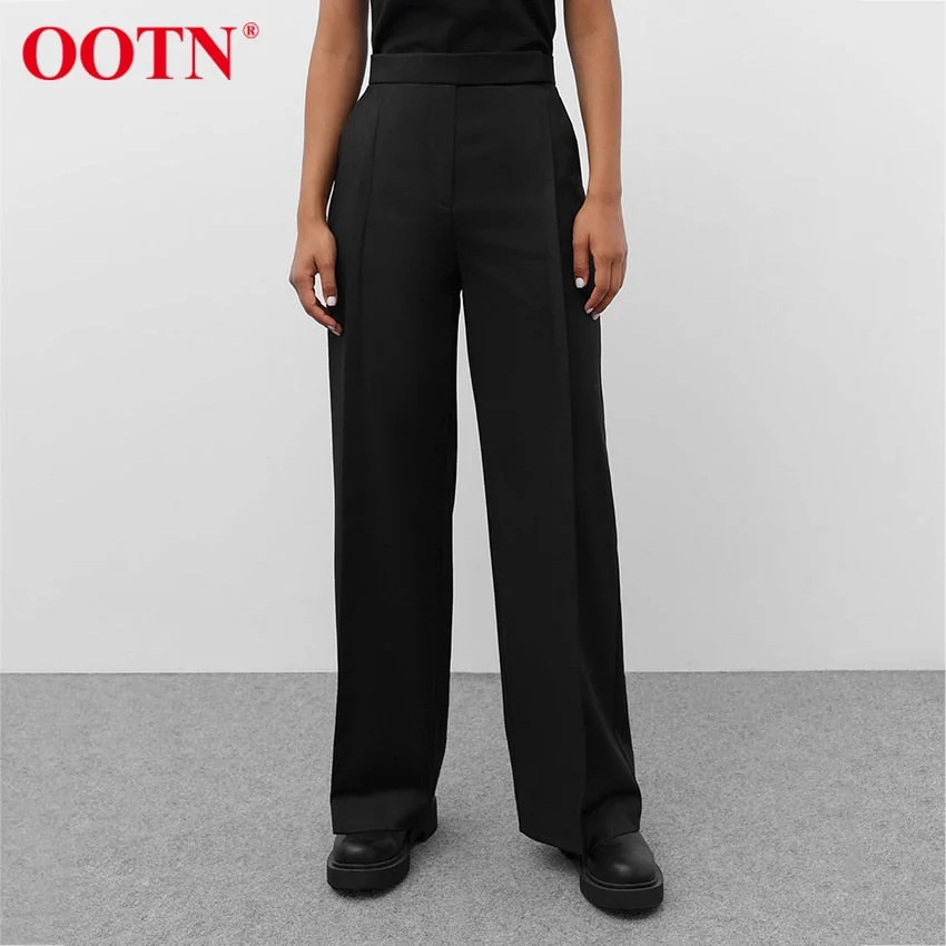OOTN Office Lady Black Straight Trousers Women Zipper Pocket Pleated Buttons Pants For Women Work High Waist Trousers Autumn