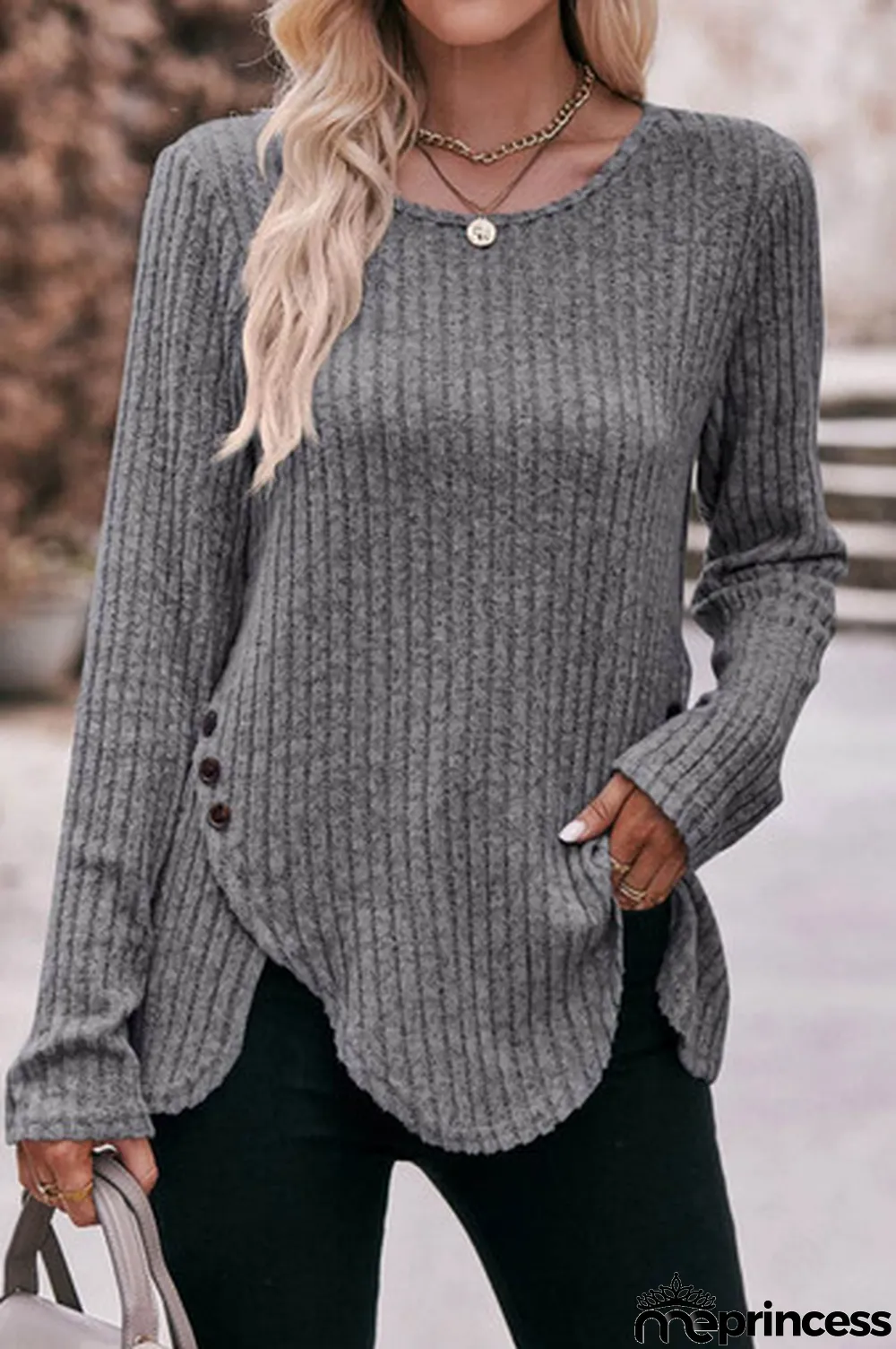 Gray Buttoned Hem Ribbed Long Sleeve Top