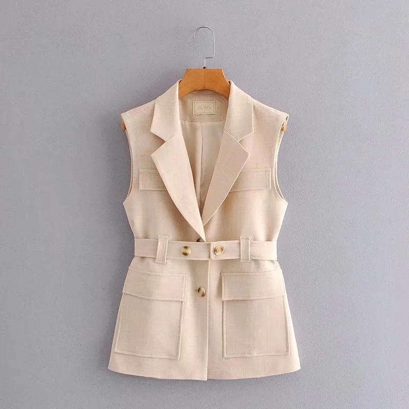 Korean Style Casual Lapel Sleeveless Pocket with Belt Chic Female Coat Harajuku Fashion Single-breasted Women's Jacket