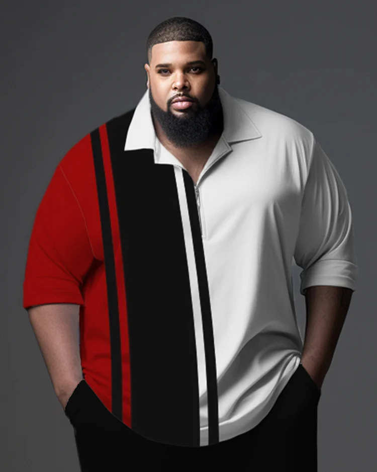 Men's Plus Size Gentleman Striped Color Block Polo Zip Shirt and Pants Two Piece Set