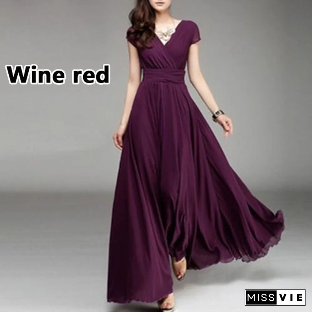 Womens Fashion Spring Summer Autumn Bohemian Maxi Dress Beach Evening V-Neck Sexy Women