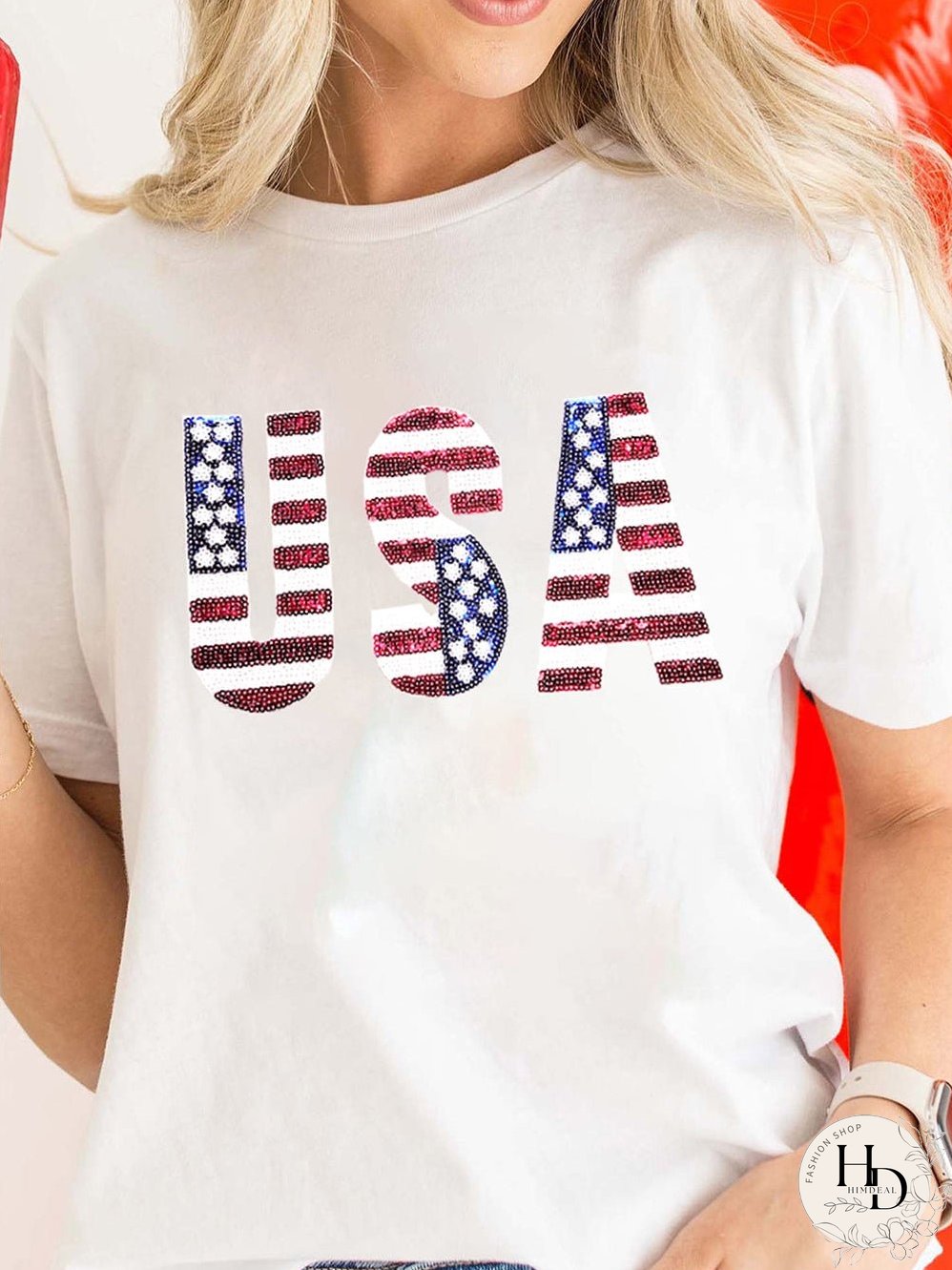 USA Flag Sequin Embellished White Round Neck Tee