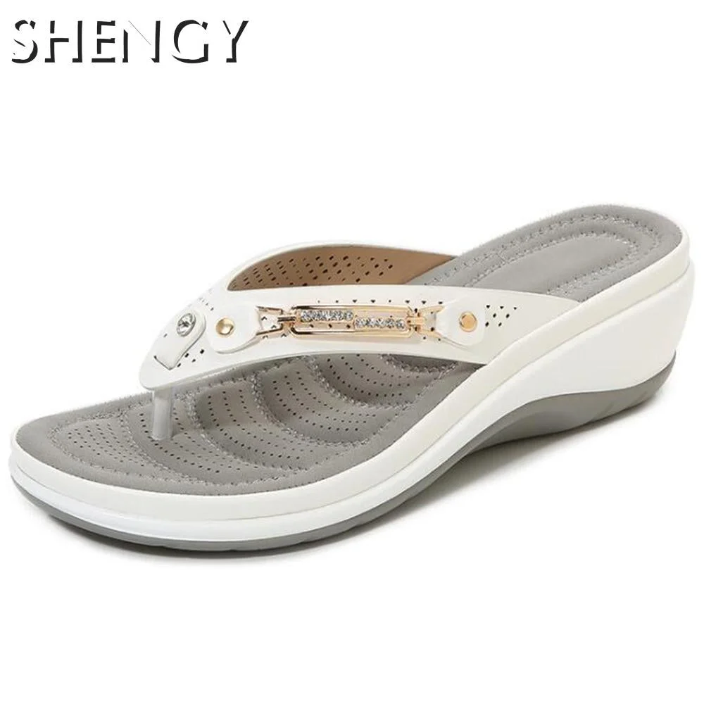 2020 Summer Women Slippers Metal Button Slides Shoes Wedge Beach Sandals Women Outside Platform Leisure Flip Flop Dropshipping