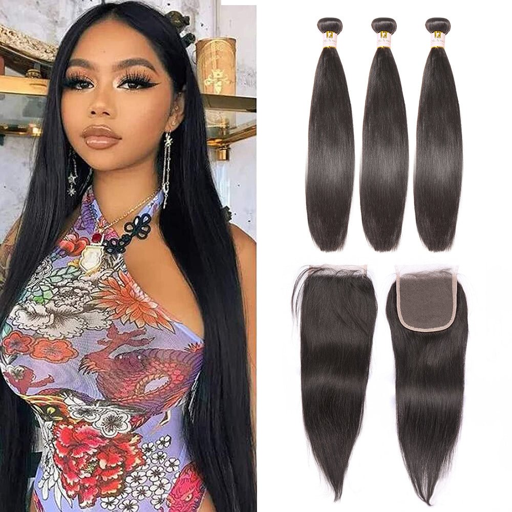 Peruvian Straight Hair 100% Unprocessed Human Hair 3 Bundles with 4x4 Lace Closure Weave Extensions Natural Color Zaesvini