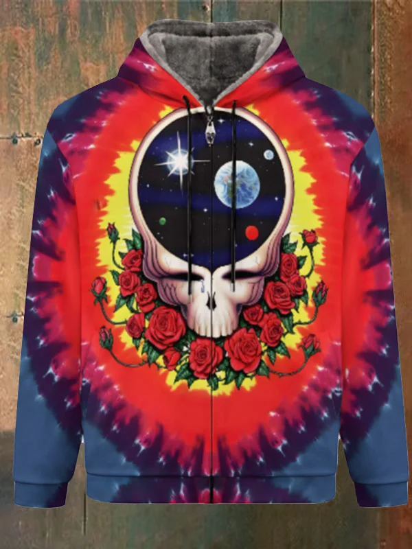 Unisex Skull Print Double Layer Fleece Zip-Up Hooded Jacket