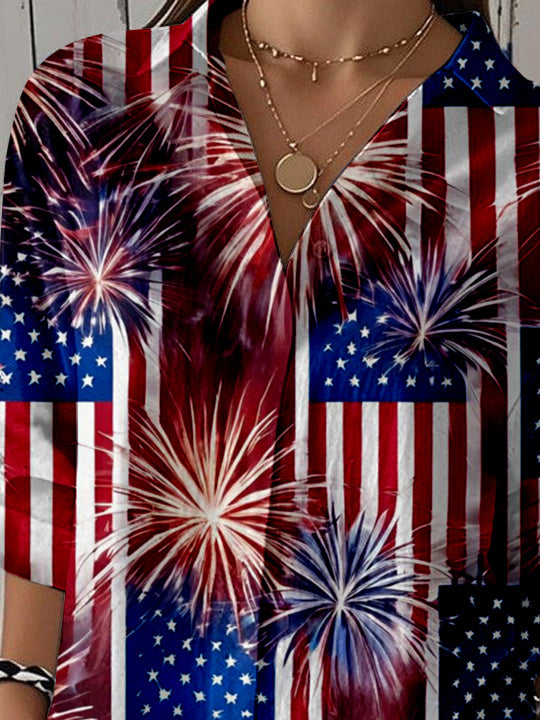 Women 3/4 Sleeve Shirt Collar National Flag Striped Printed Graphic Button Tops