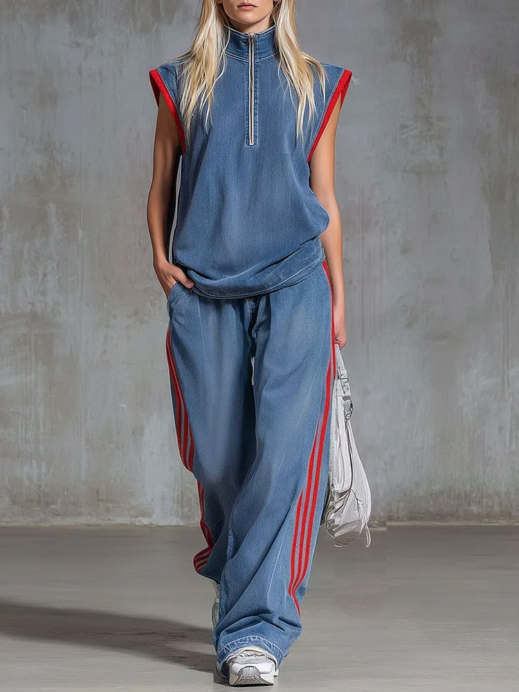Loose-fitting Retro Denim Zip-up Sleeveless Top And Pants Set