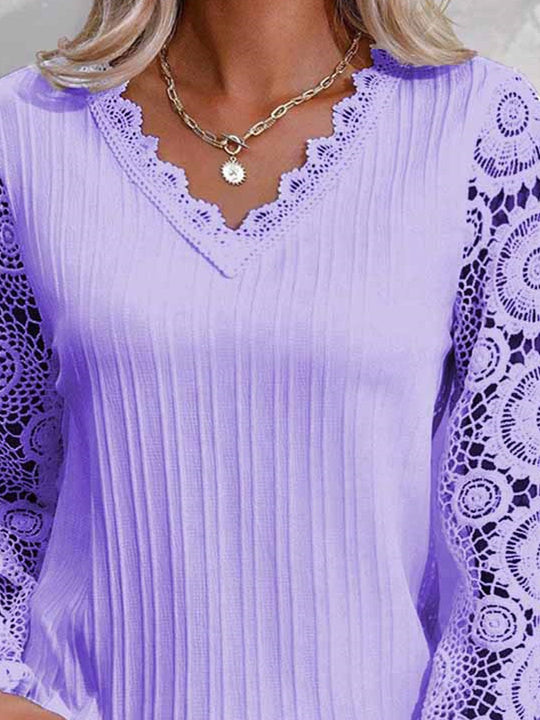 Women Long Sleeve V-neck Solid Lace Tops