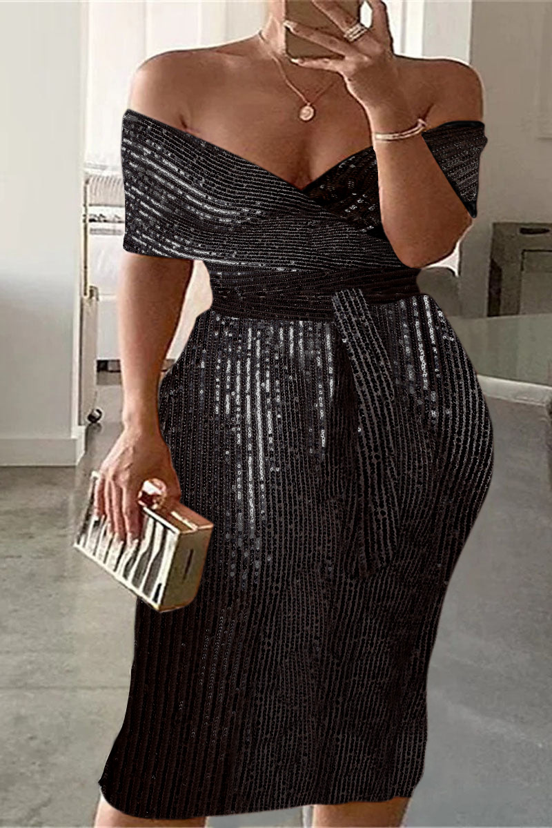 Plus Size Formal Elegant Sequin Off The Shoulder Midi Dresses