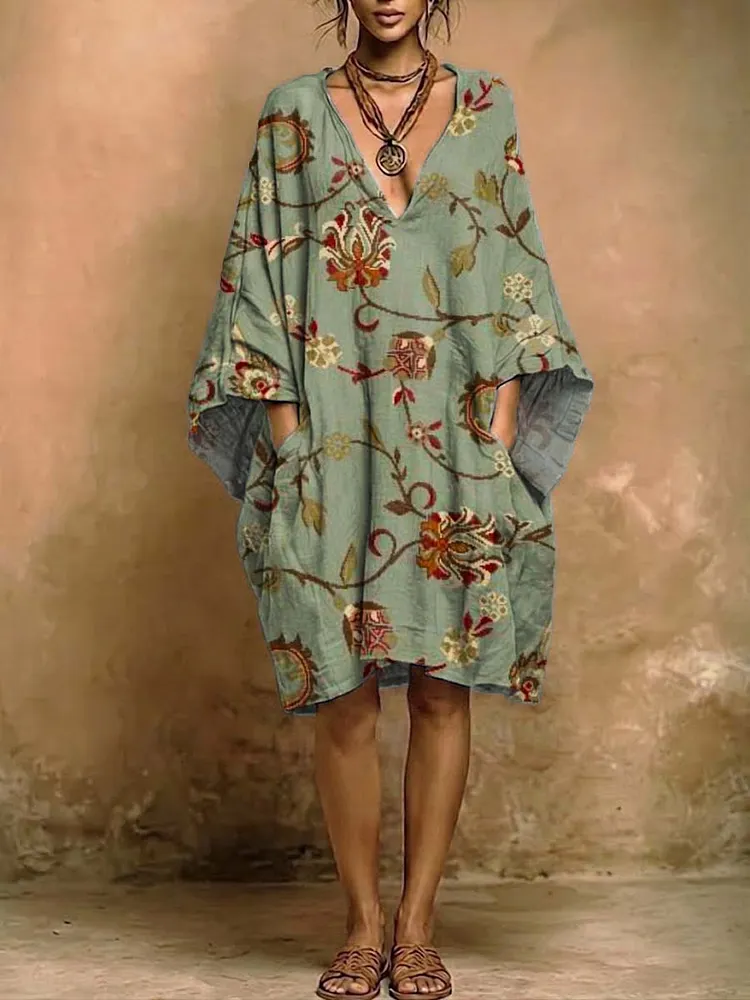 Women's Retro Floral Art Print Casual Cotton Linen Short Dress