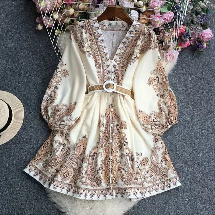 Nigikala Nigikala And Summer New French Retro Holiday Style V Neck Lantern Sleeves To Collect Long Print Small Dress