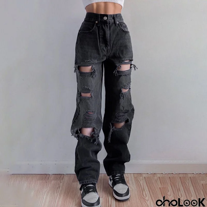Fashion Sexy Solid Ripped Mid Waist Straight Denim