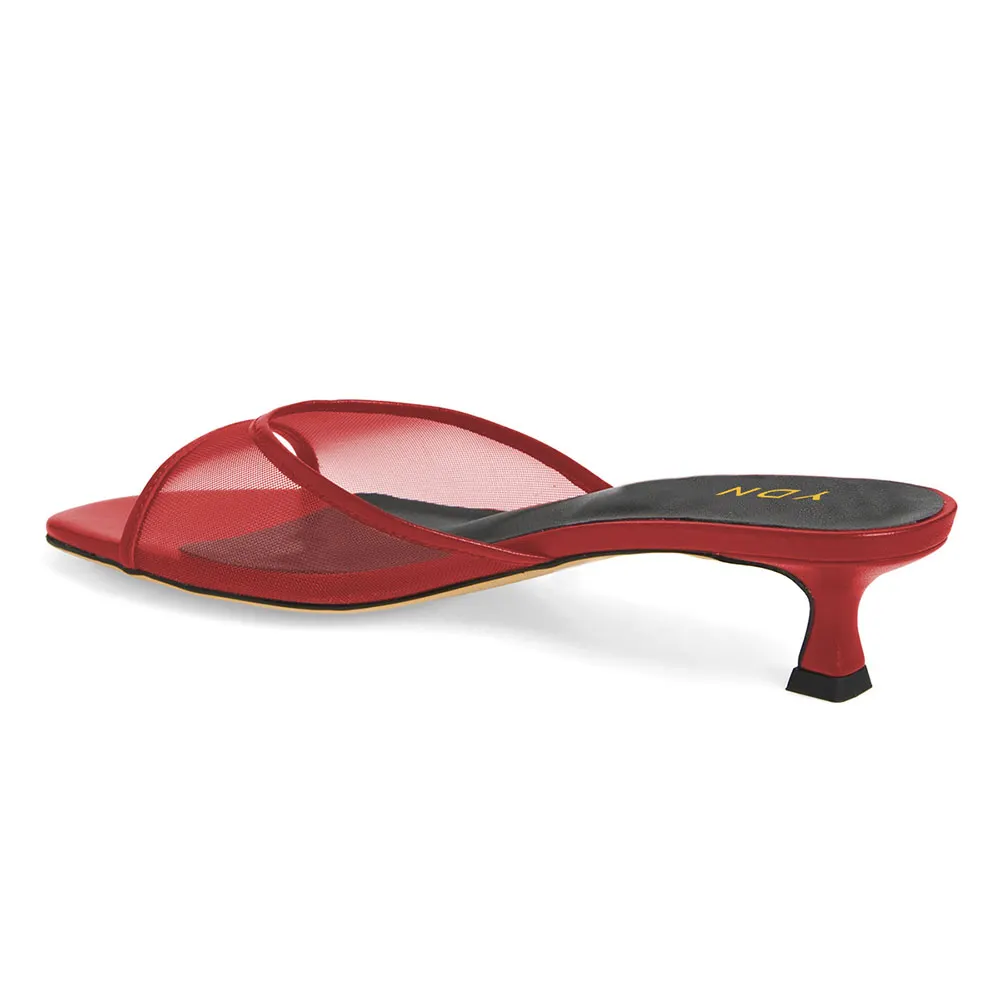 YDN Red Mesh Kitten Heel Open Toe Casual Slides for Women