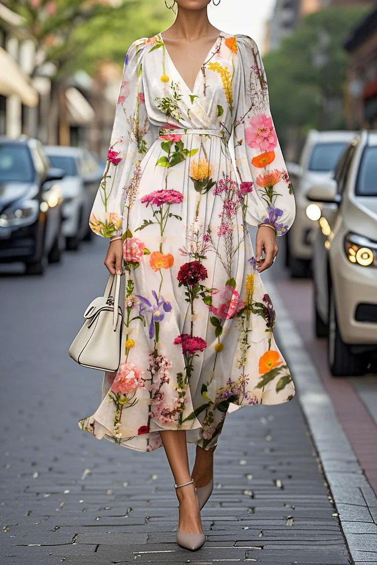 Elegant Floral Print Lantern Sleeve V-Neck A-Line Midi Chiffon Dress
