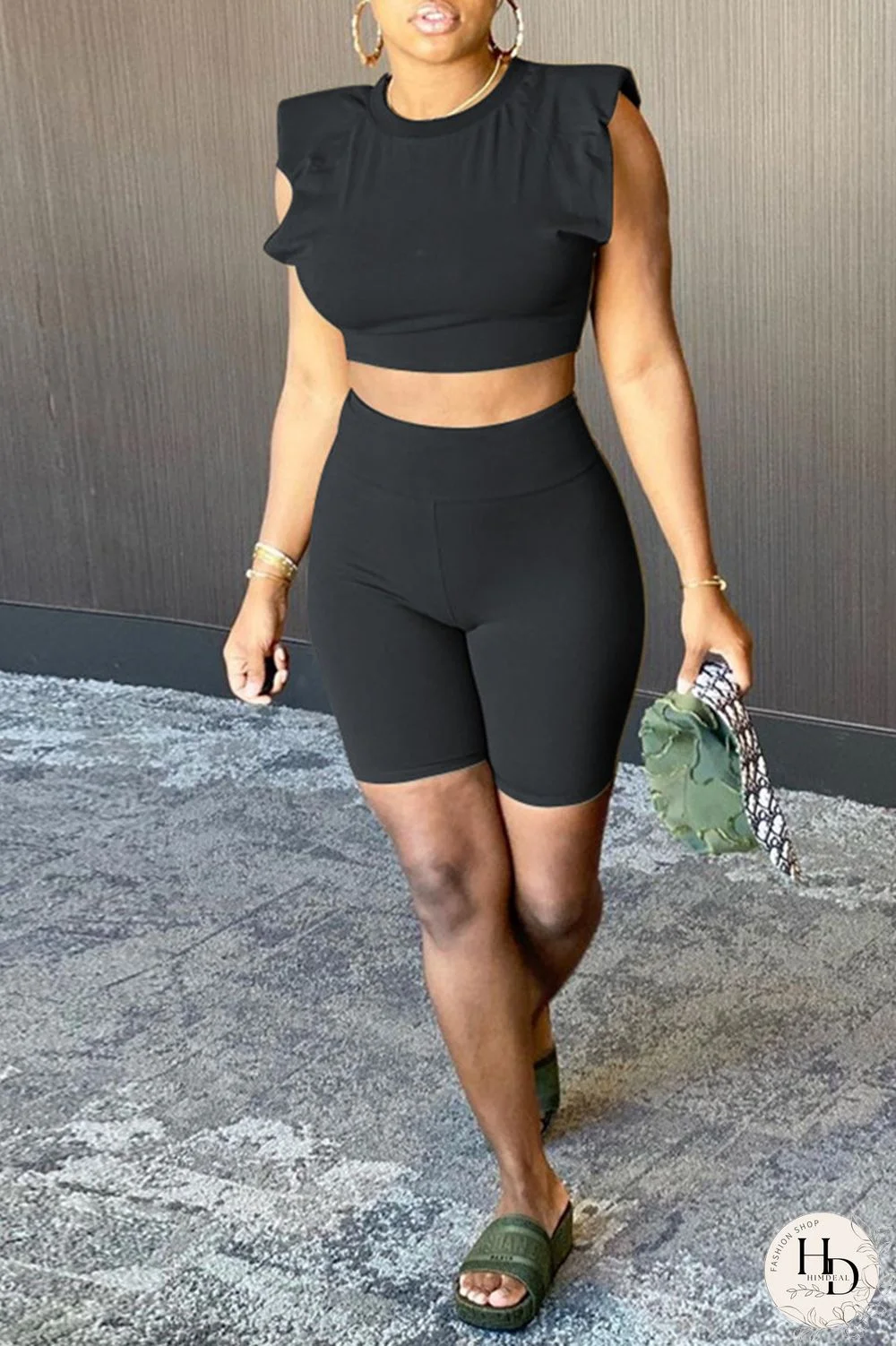 Army Green Fashion Casual Solid Basic O Neck Sleeveless Two Pieces