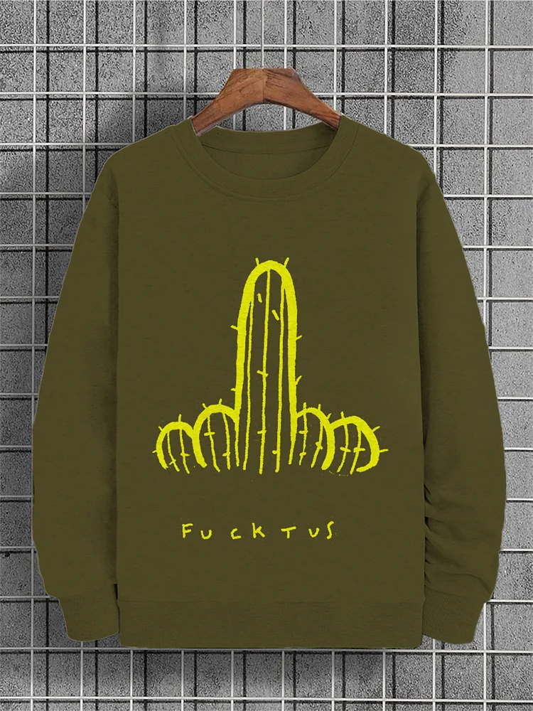 Men's Western Cactus Middle Finger Print Cotton Casual Sweatshirt