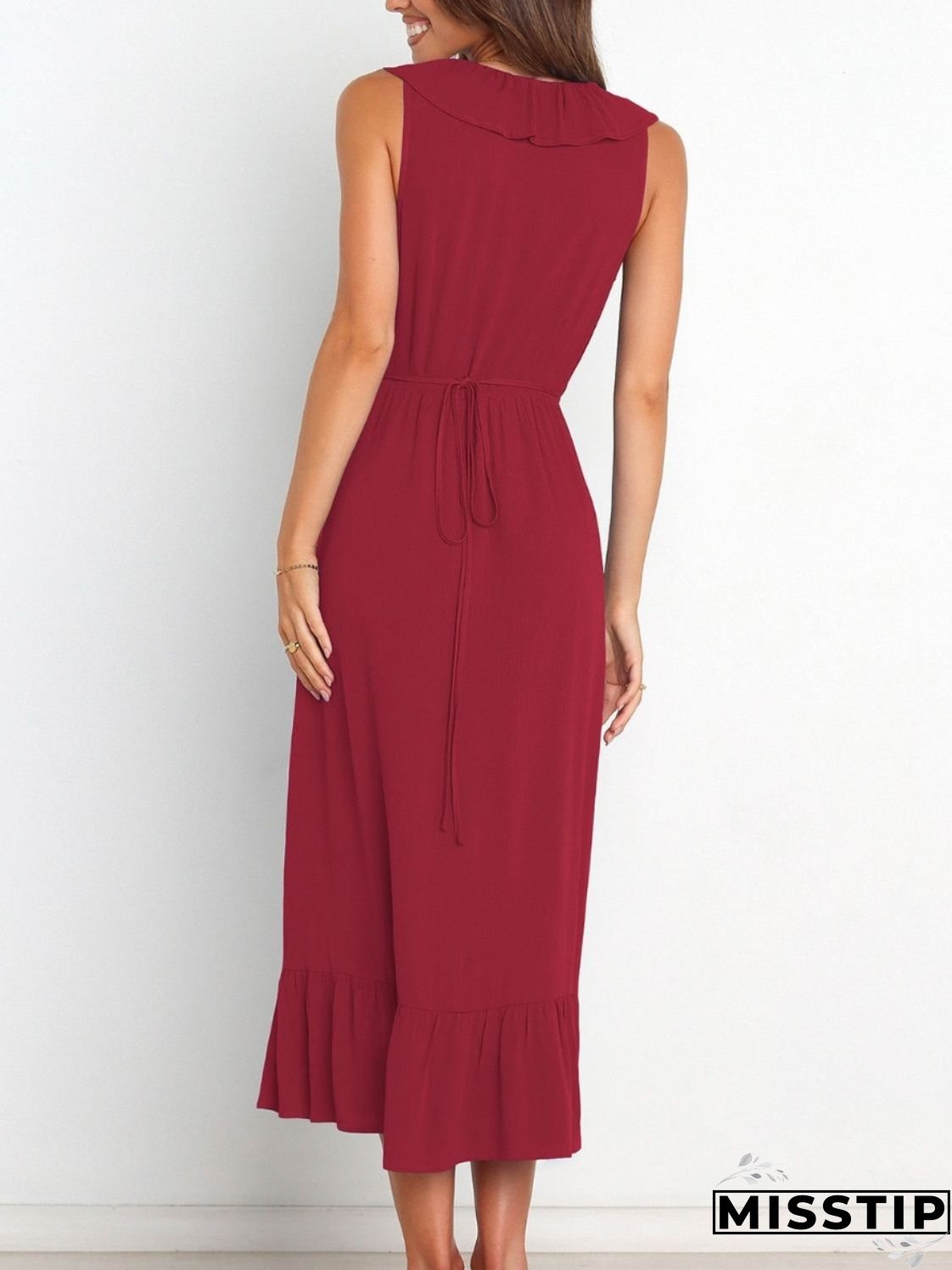 Ruffled Surplice Sleeveless Midi Dress