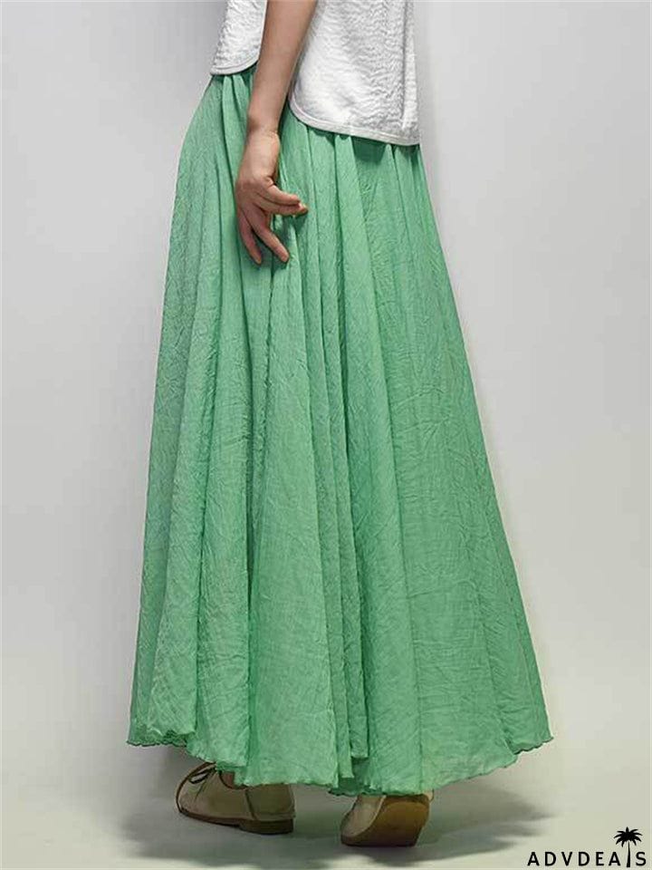 Women's Elastic Waist Pleated Maxi Linen Skirts
