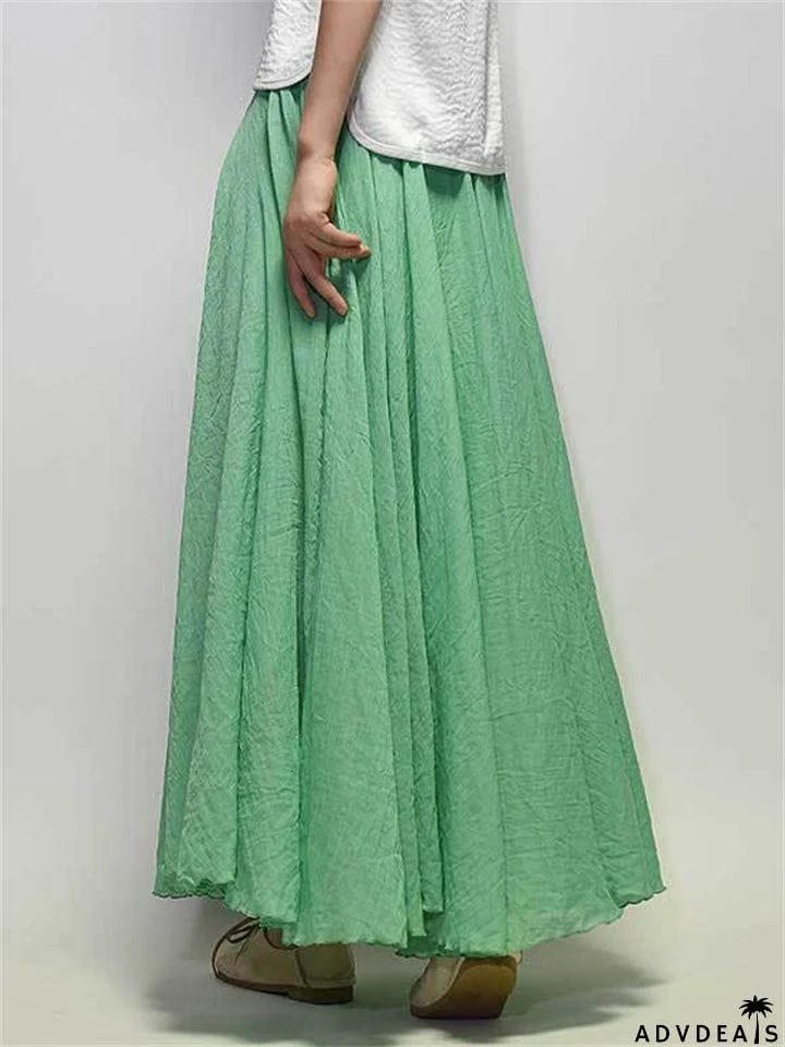 Women's Elastic Waist Pleated Maxi Linen Skirts