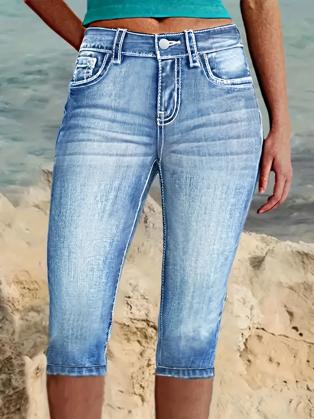 Women's Plus Size High-Waist Stretch Denim Capri Jeans With Ripped Detail, Comfortable & Elegant Light Blue Mid-Calf Length, Casual Chic Style For Spring/Summer/Fall | IFYHOME