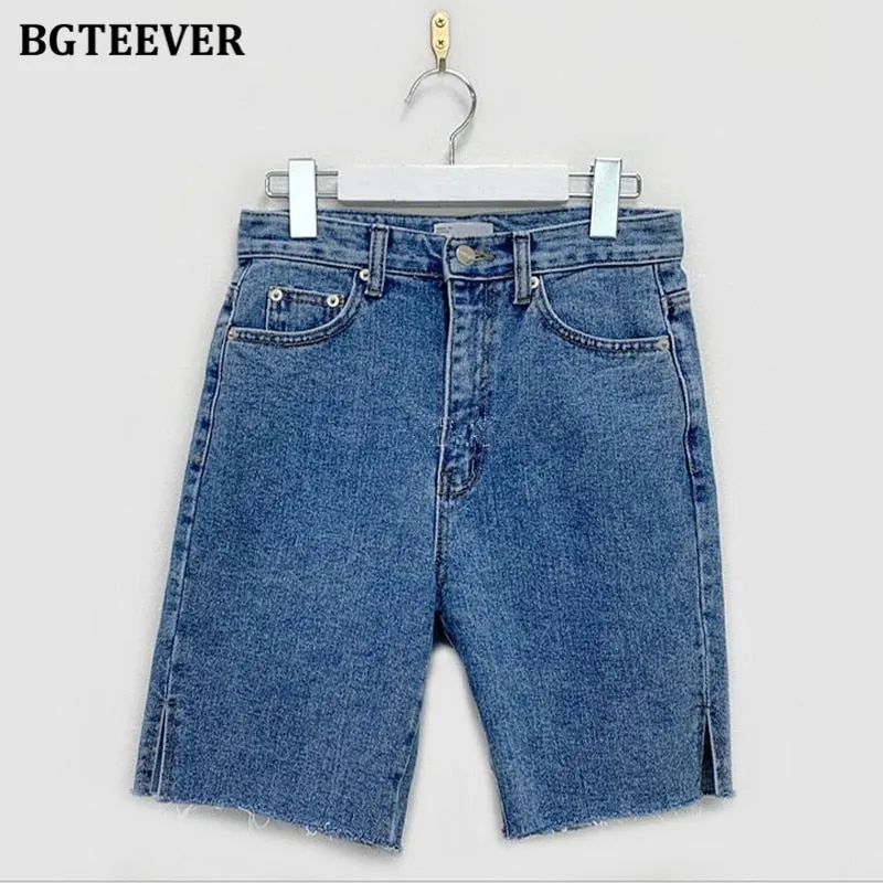 BGTEEVER Casual Summer Half Denim Shorts for Women High Waist Loose Pockets Female Straight Jeans Shorts 2021 Ladies Streetwear