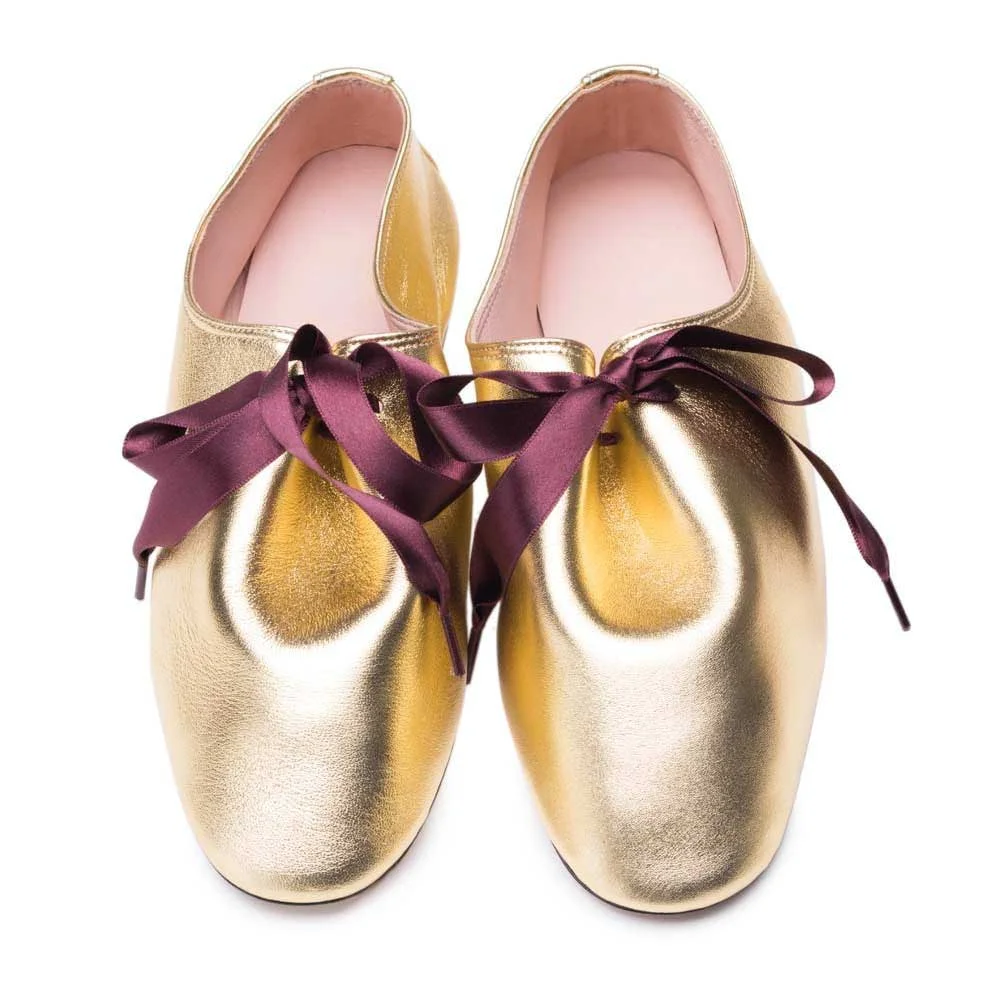 Women's Gold Faux Leather Round Toe Ballet Flats with Wine Bow