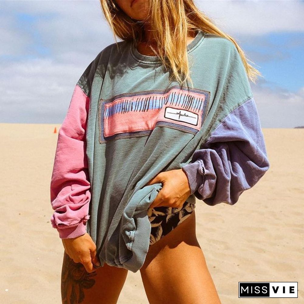 Retro Woman Color Stitching Round Neck Sweater