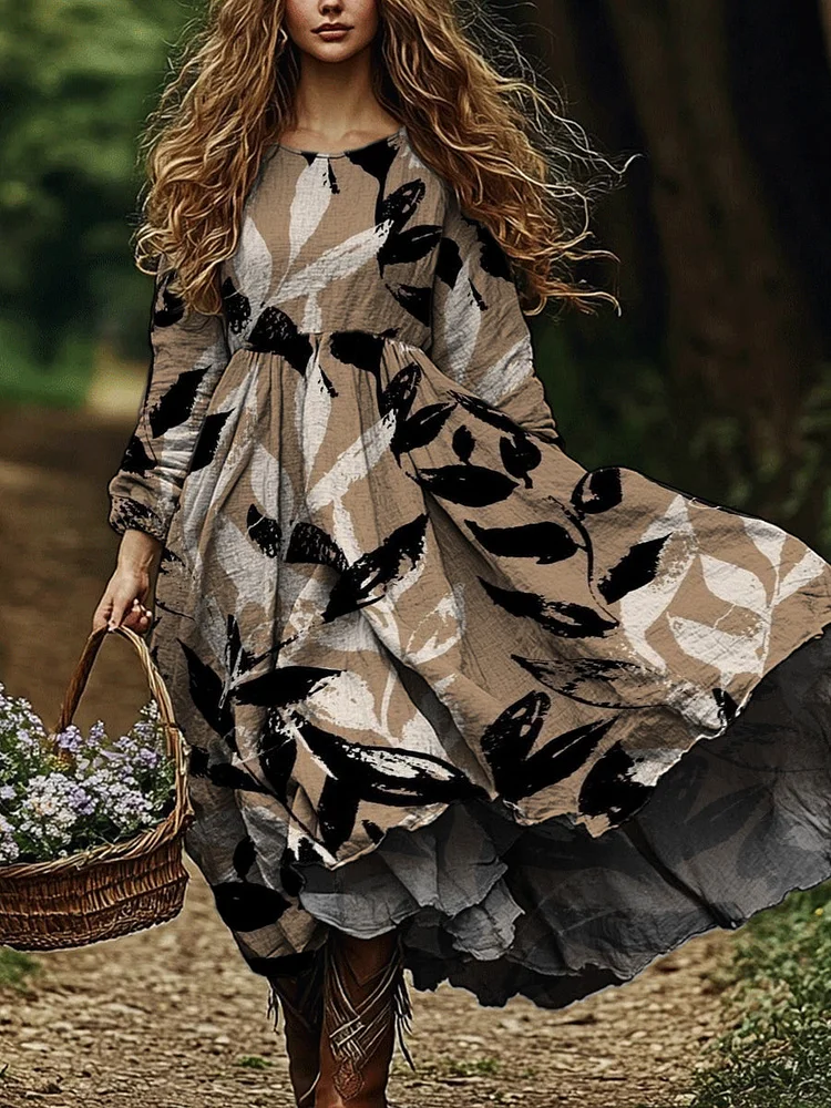 Women's Vintage Floral Print Casual Long Sleeve Dress