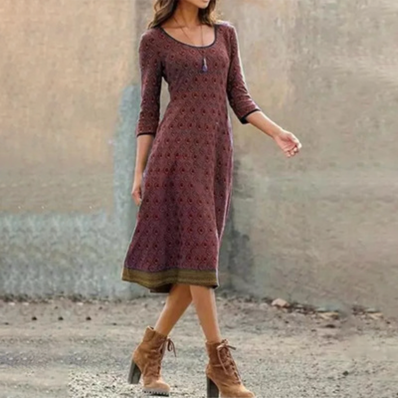 Printed Long-Sleeved Bohemian Patchwork Dress