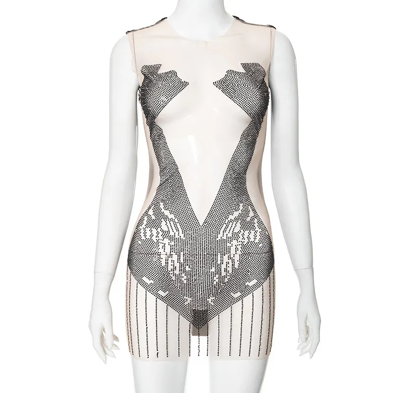Brownm Brownm Women's Summer New Round-Neck Sleeveless Splicing Mesh Mesh Sexy Hollow Hot Diamond Dress